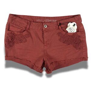 VANILLA STAR Terracota Lace Trim Cuffed Mini Denim Jean Shorts NWT 15